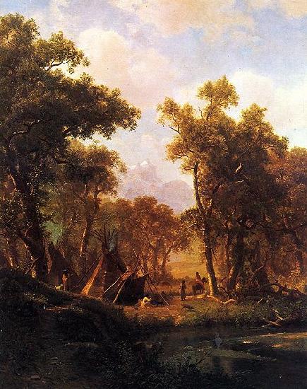 Albert Bierstadt Indian Encampment, Shoshone Village - in a riparian forest, western United States Sweden oil painting art